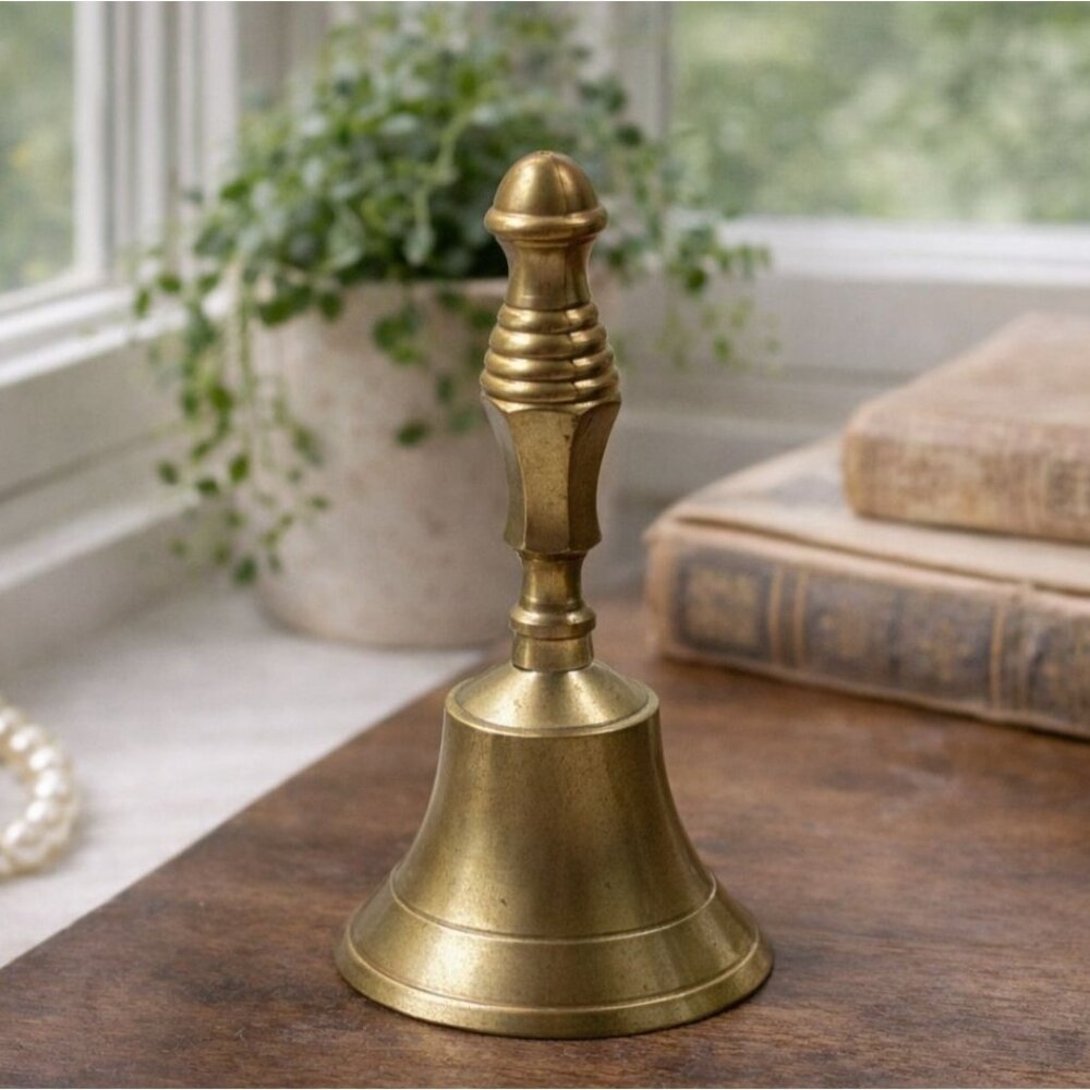 Vintage Solid Brass Hand Bell Ornate Handle Classic Chimes Victorian Style